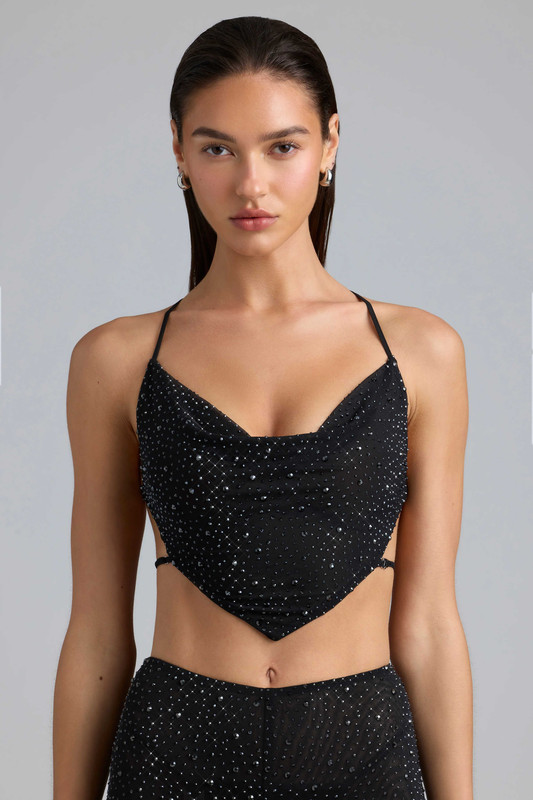 Embellished Cowl-Neck Crop Top in Black - UK Size:16